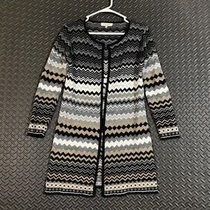 Cocogio Black White Zig Zag Print Open Front Cardigan Sweater Women's Size Small